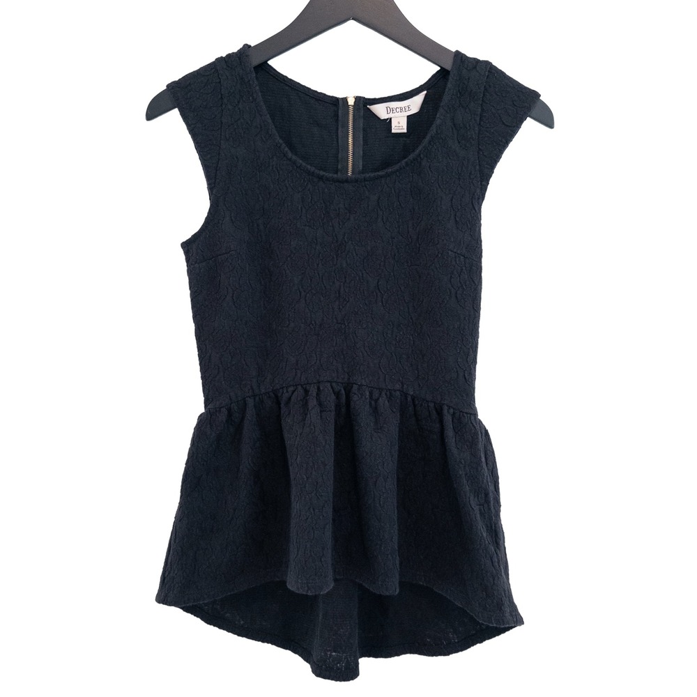 Decree Peplum Top Womens Small Black Textured Floral High Low Cap Sleeve Zipper